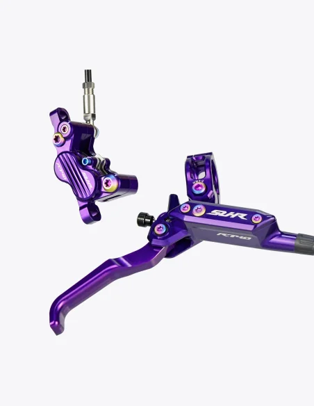 Frenos SUHR en color morado con tornillos de titanio en color petrol