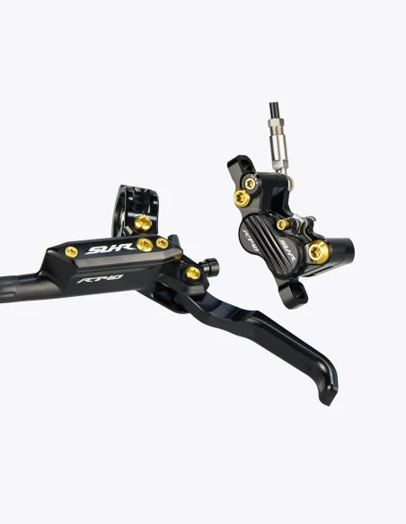 Maneta y pinza frenos SUHR en color negro y tornillos de titanio en color dorado