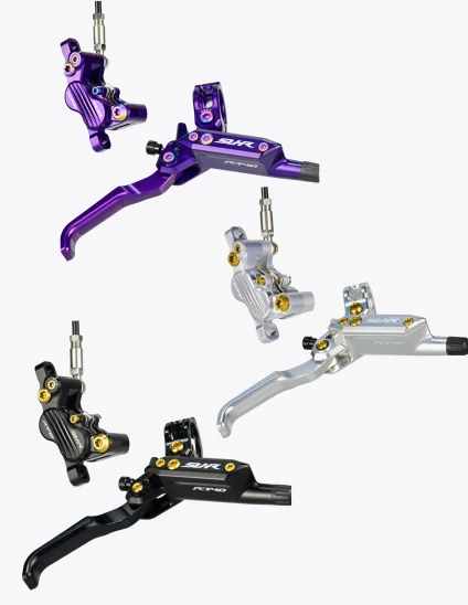 Frenos SUHR con tornillos de titanio en color morado, plata y negro