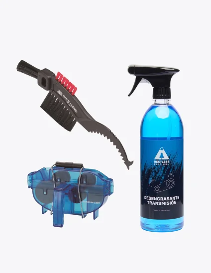 Kit de nettoyage pour chaîne et transmission de vélo. Brosse + nettoyeur de chaîne + dégraissant d’un litre