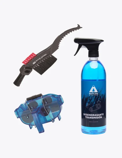 Kit spécial pour le nettoyage de la chaîne de vélo comprenant une brosse, un nettoyeur et un dégraissant